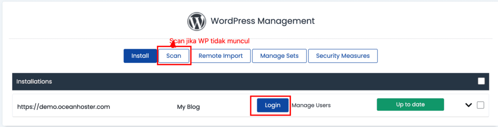 Daftar instalasi WordPress di WordPress Manager