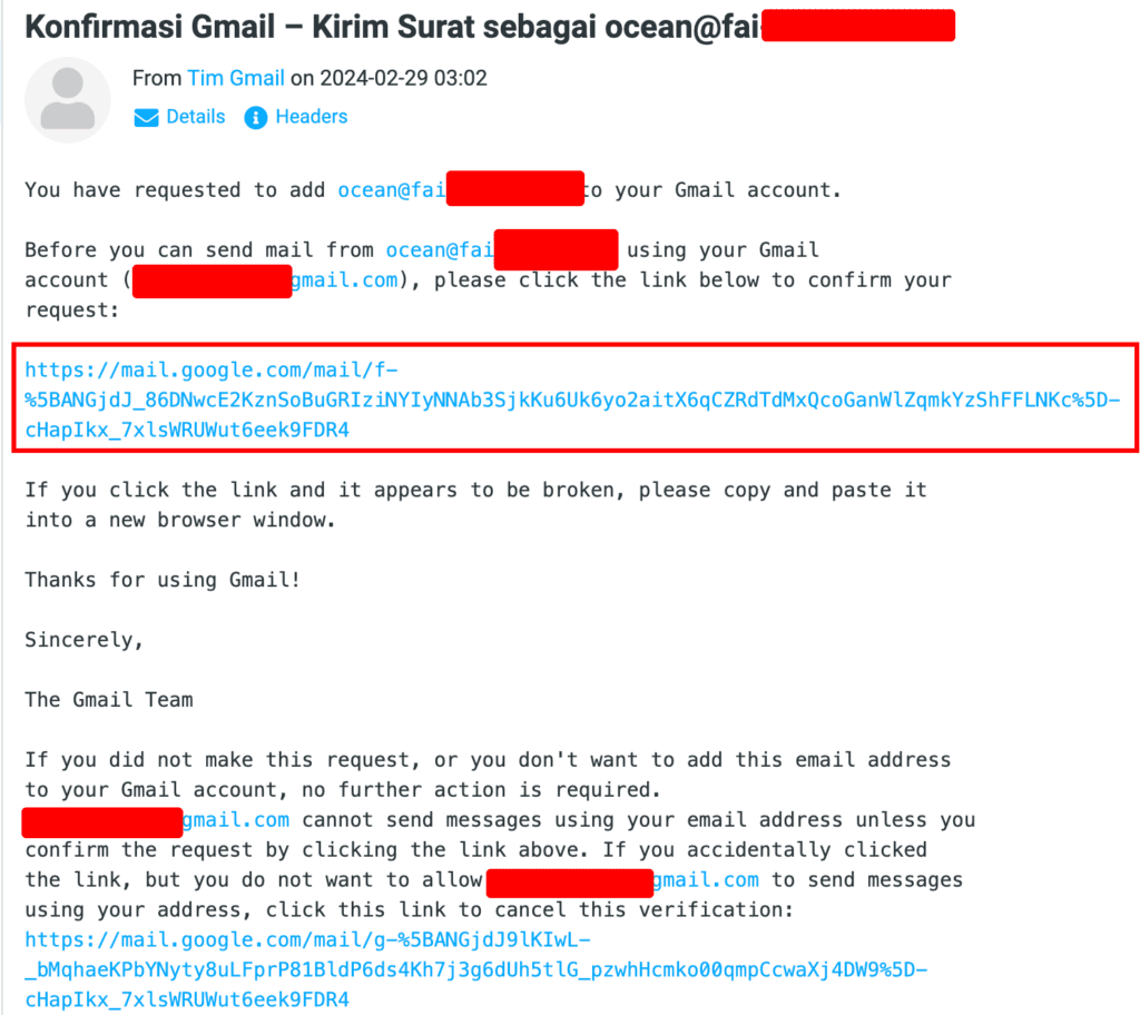 Cara Menggunakan Email Domain Sendiri di Gmail - link konfirmasi penambahan email